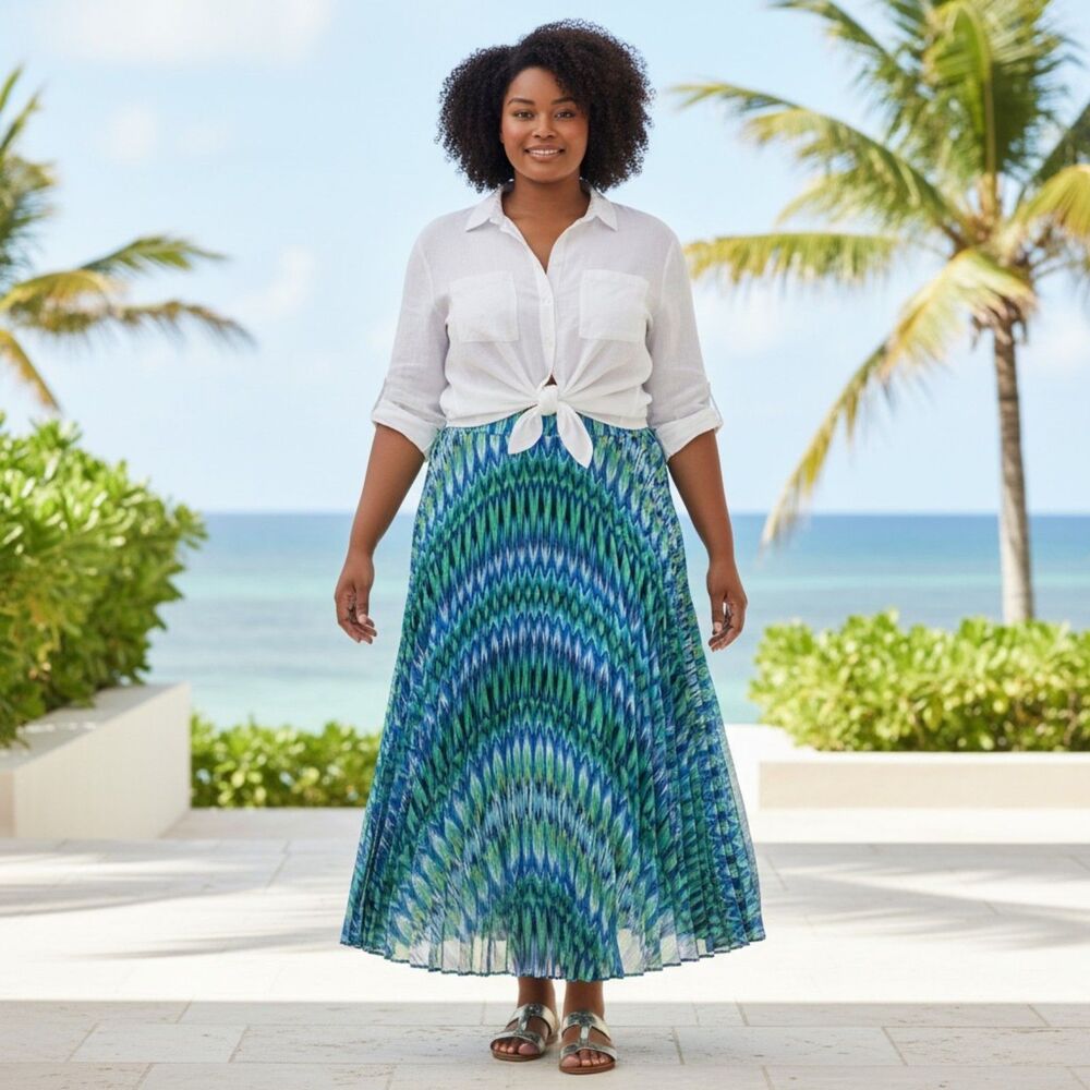 Chico's Pleated Maxi Skirt Size 2 Large Blue Green Geometric Ikat Print Long